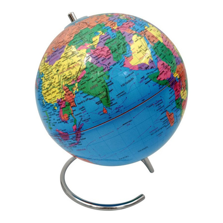 Decoratie wereldbol/globe blauw op ijzeren voet 20 x 24 cm