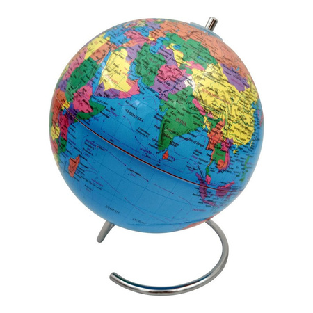 Decoratie wereldbol/globe blauw op ijzeren voet 20 x 24 cm