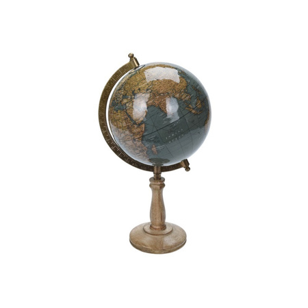 Decoratie wereldbol/globe blauw op mangohouten voet 16 x 32 cm