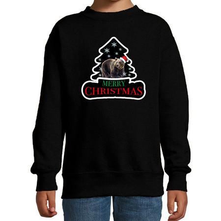 Dieren kersttrui beer zwart kinderen - Foute beren kerstsweater