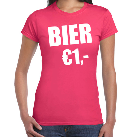 Fun t-shirt bier 1 euro roze voor dames