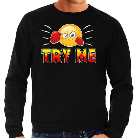 Funny emoticon sweater Try me zwart heren