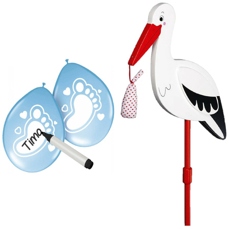 Baby birth decoration - stork for the garden - 77 cm - 6x baby blue balloons