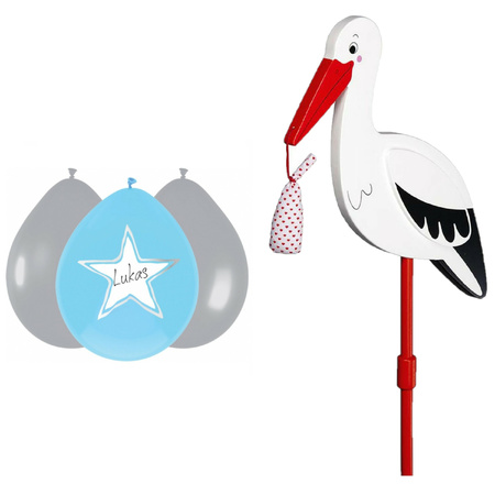 Baby birth decoration - stork for the garden - 77 cm - 6x baby blue balloons