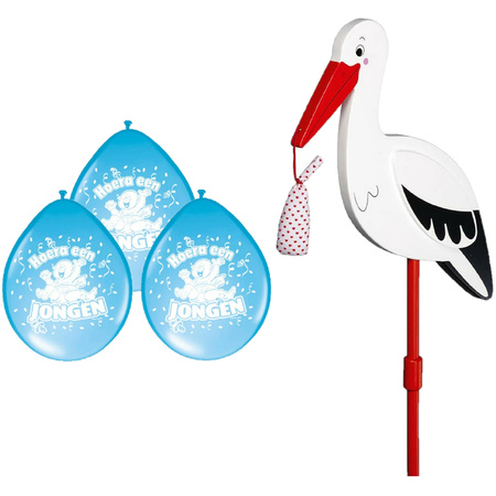 Baby birth decoration - stork for the garden - 77 cm - 8x baby blue balloons