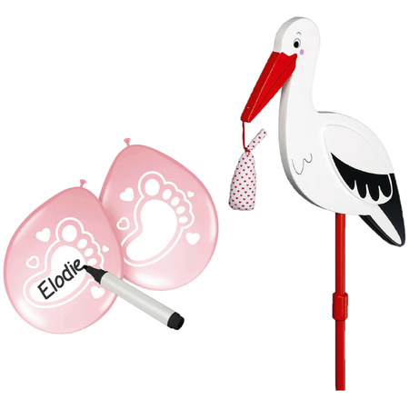 Baby birth decoration - stork for the garden - 77 cm - 6x baby pink balloons