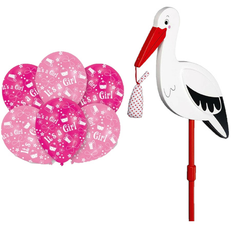 Baby birth decoration - stork for the garden - 77 cm - 6x baby pink balloons