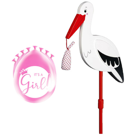 Baby birth decoration - stork for the garden - 77 cm - 8x baby pink balloons