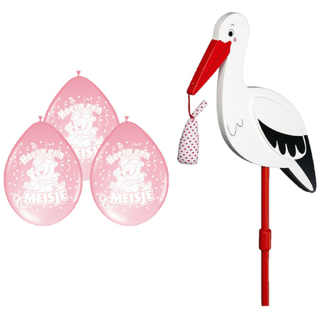 Baby birth decoration - stork for the garden - 77 cm - 8x baby pink balloons