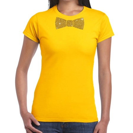 Geel fun t-shirt met vlinderdas in glitter goud dames