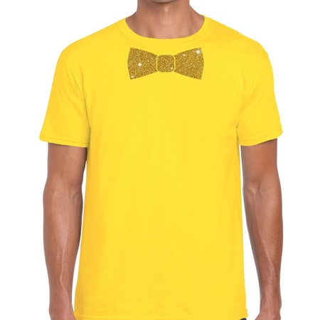 Geel fun t-shirt met vlinderdas in glitter goud heren