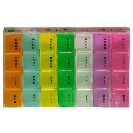 Gekleurde medicijnen doos/pillendoos 28-vaks wit 17 cm