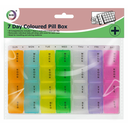 Gekleurde medicijnen doos/pillendoos 28-vaks wit 17 cm