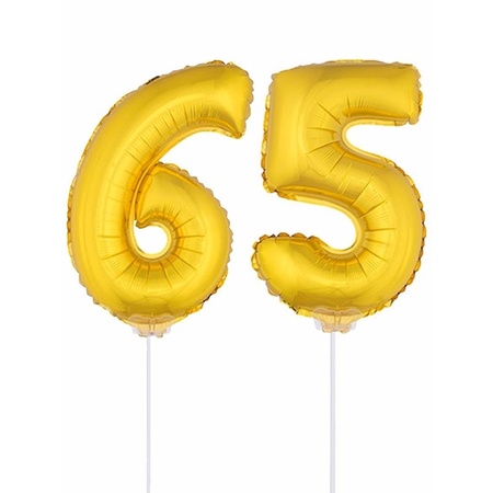 Inflatable gold foil balloon number 65 on stick