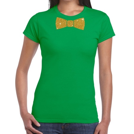 Groen fun t-shirt met vlinderdas in glitter goud dames