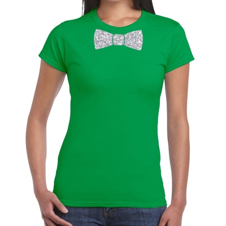Groen fun t-shirt met vlinderdas in glitter zilver dames