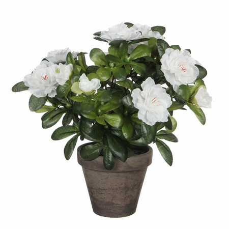 Groene Azalea kunstplant witte bloemen 27 cm in pot stan grey