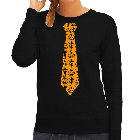 Halloween thema verkleed sweater / trui heks en pompoen stropdas zwart voor dames