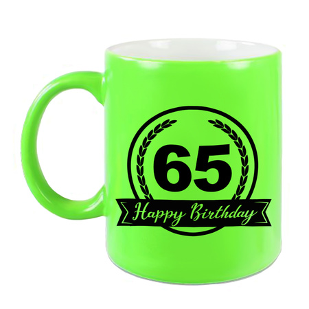 Happy Birthday 65 years mug neon green with hearts 330 ml