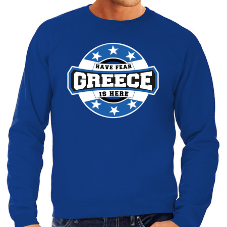 Have fear Greece is here / Griekenland supporter sweater blauw voor heren