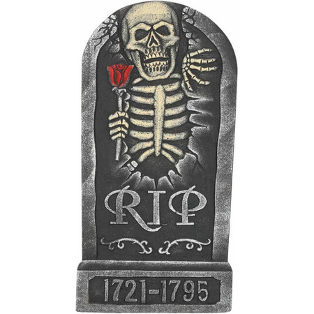 Horror kerkhof decoratie grafsteen RIP skelet met roos 32 x 65 cm