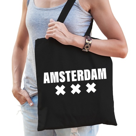 Katoenen Holland/wereldstad tasje Amsterdam zwart
