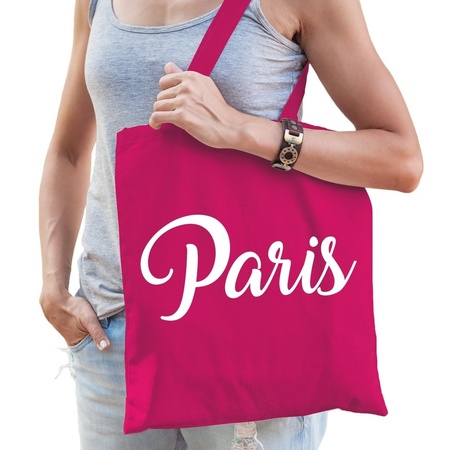 Katoenen Parijs/wereldstad tasje Paris roze