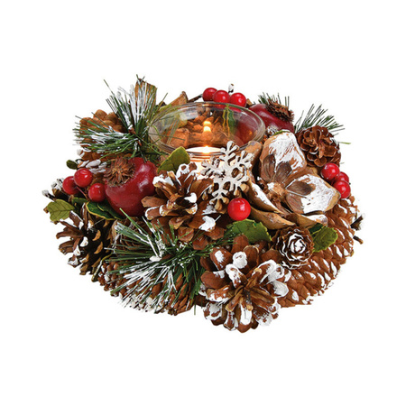 Kerst thema kaarsenhouder ornament bruin/rood van hout 18 cm