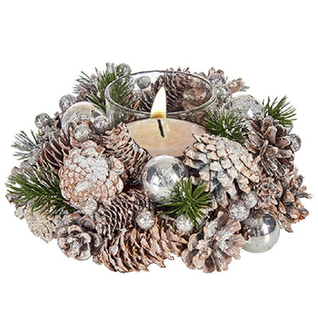 Kerst thema kaarsenhouder ornament silver/green nature 19 x 19 x 9 cm