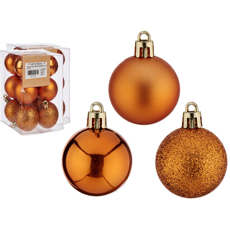 Kleine kerstballen - 12x st- oranje - kunststof - 4 cm -mat/glans/glitter