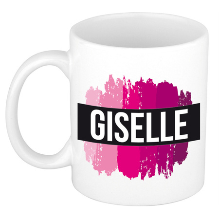 Naam cadeau mok / beker Giselle  met roze verfstrepen 300 ml