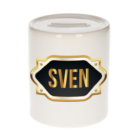 Naam cadeau spaarpot Sven met gouden embleem