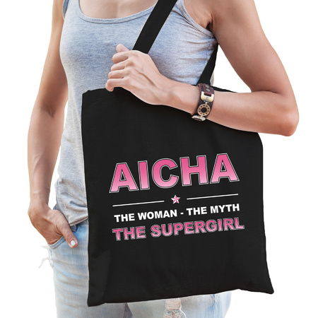 Naam cadeau tas Aicha - the supergirl zwart voor dames