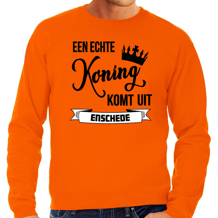 Oranje Koningsdag sweater - echte Koning komt uit Enschede - heren - trui