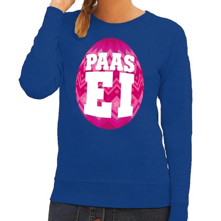 Paas sweater blauw met roze ei voor dames