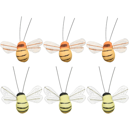 Paasdecoratie 6x stuks bijen op clip - 3 x 7 cm - foam - oranje