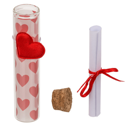 Pakket van 50x stuks valentijn hartjes cadeau hartjes flesje van glas met boodschap 11 cm