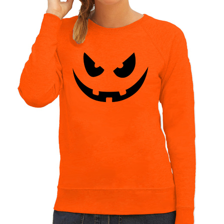 Pompoen gezicht halloween verkleed sweater oranje voor dames