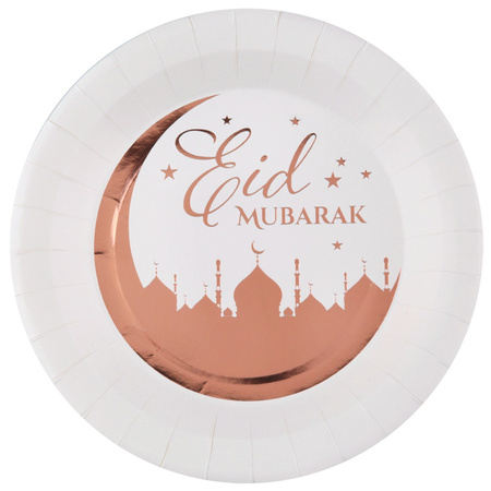 Ramadan thema Eid Mubarak suikerfeest bordjes - 10x - karton - 22 cm - wit/rose goud