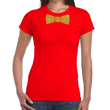Rood fun t-shirt met vlinderdas in glitter goud dames