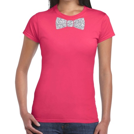 Roze fun t-shirt met vlinderdas in glitter zilver dames