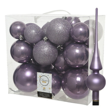 Set of 26x pcs plastic christmas baubles including glass tree topper lilac purple