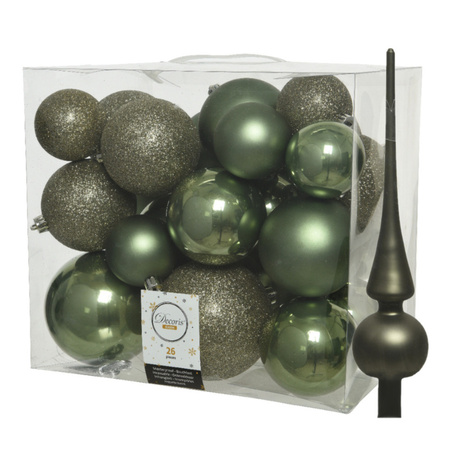 Set of 26x pcs plastic christmas baubles including glass tree topper moss green