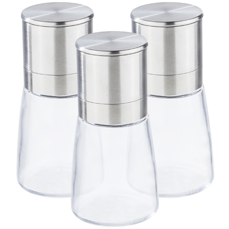 Set van 3x stuks  kruidenmolen/pepermolen/zoutmolen RVS/glas transparant/zilver 13 cm