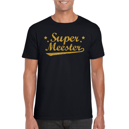 Super meester cadeau t-shirt met gouden glitters op zwart voor heren