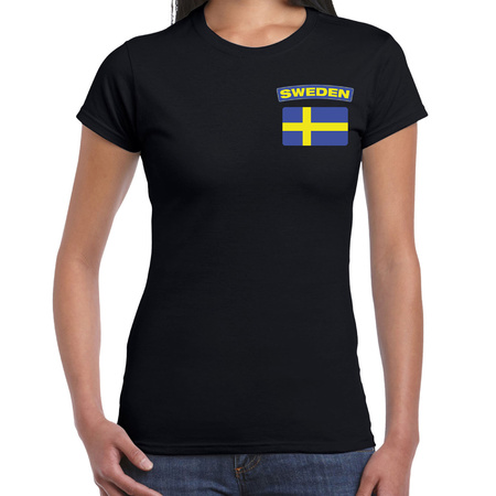 Sweden t-shirt met vlag Zweden zwart op borst voor dames