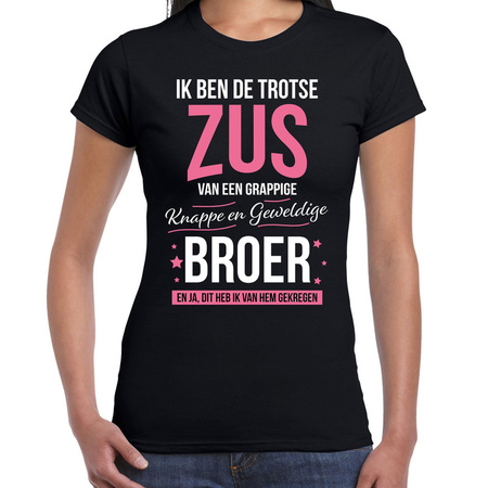 roddel Ga wandelen salami Trotse zus / broer cadeau t-shirt zwart voor dames bij Fun en Feest België