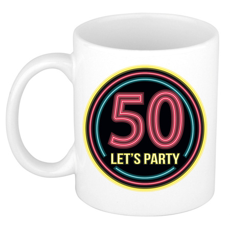 Verjaardag mok / beker - Lets party 50 jaar - neon - 300 ml - verjaardagscadeau