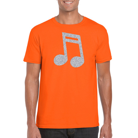 Silver musical note / music party t-shirt orange for men