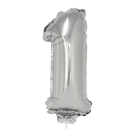 Zilveren opblaas cijfer ballon 1 op stokje 41 cm